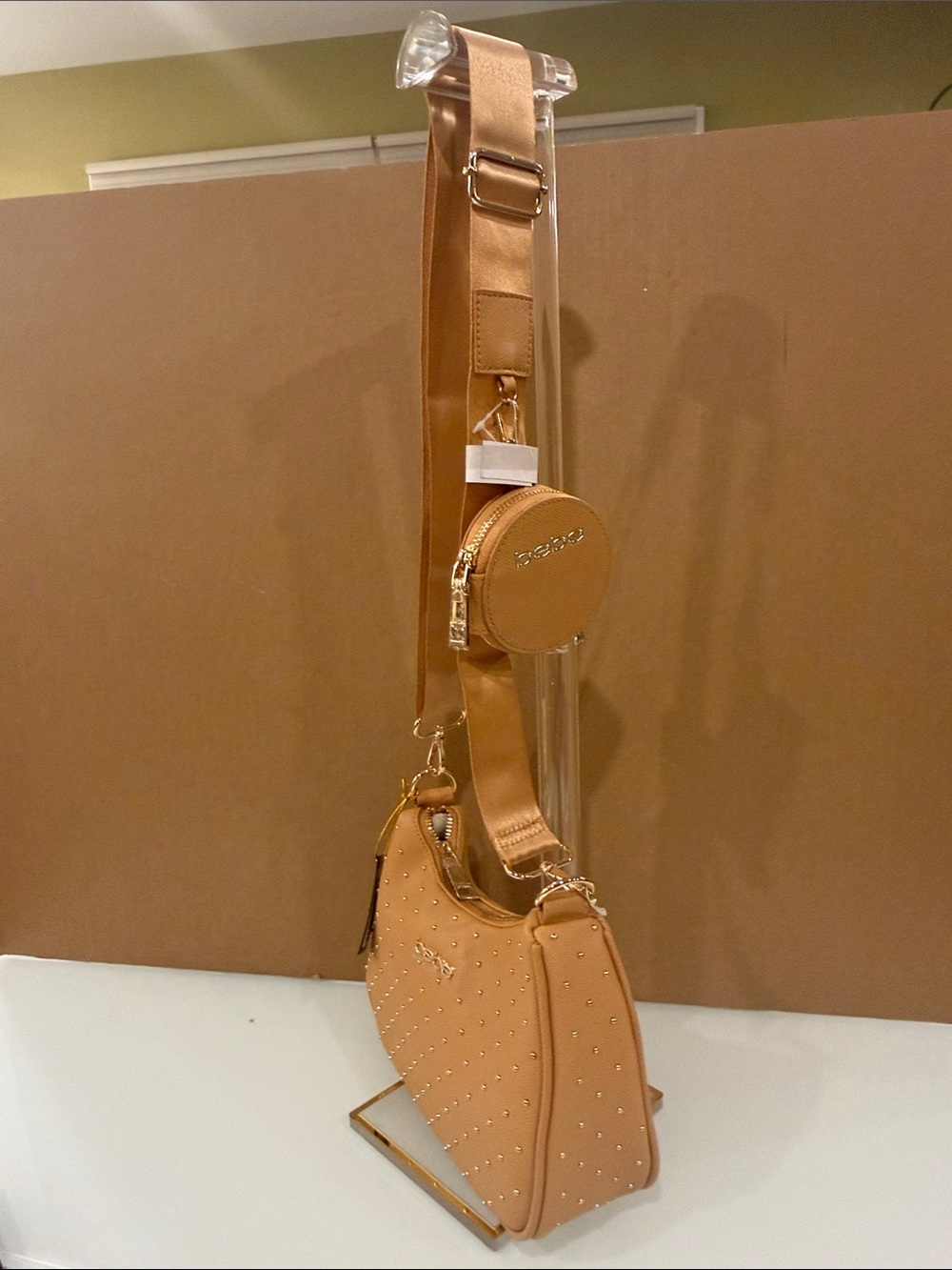 bebe Mustard-Tan Studded Shoulder Bag - Picture 3 of 8
